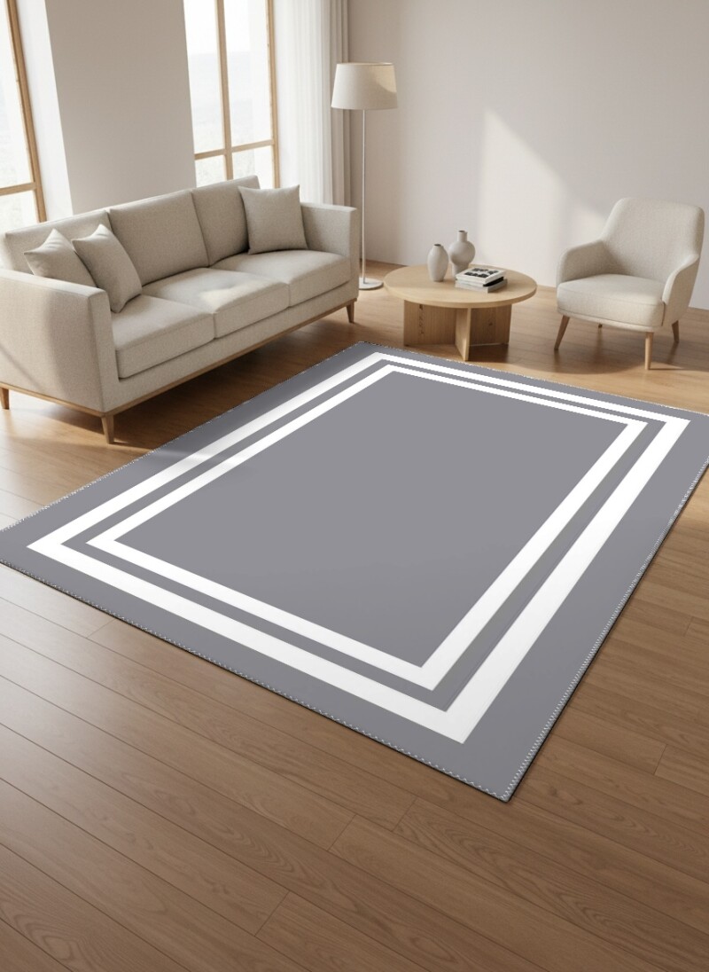 Minimalist Düz Gri Beyaz Çift Çerçeve Bordürlü Salon Halısı