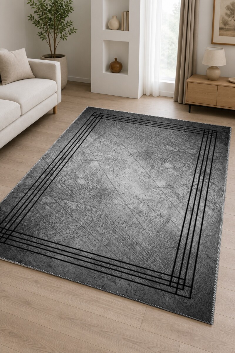 Eskitme Beton Doku Çizikli Endüstriyel Gri Çerçeve Bordürlü Salon Halısı