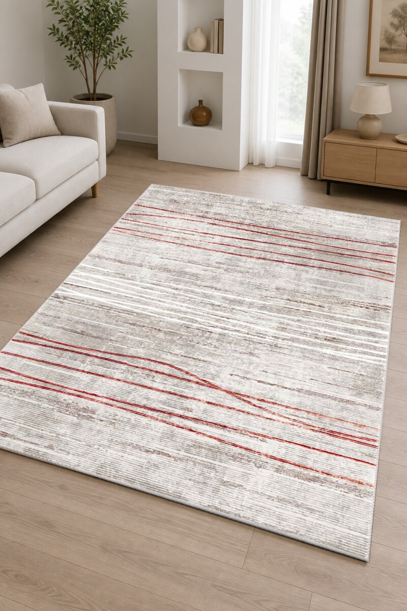 Soyut Kırmızı Beyaz Dalgalı Çizgili Modern Salon Halısı — Krem Kırmızı