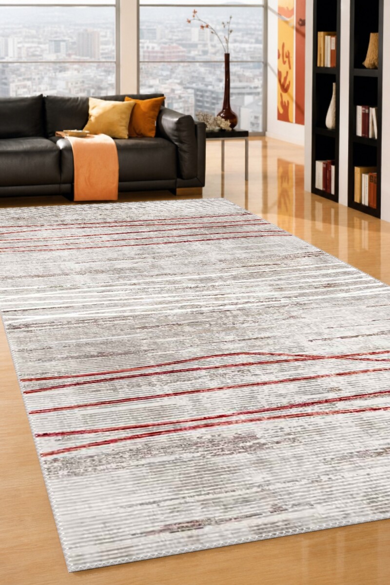 Soyut Kırmızı Beyaz Dalgalı Çizgili Modern Salon Halısı — Krem Kırmızı