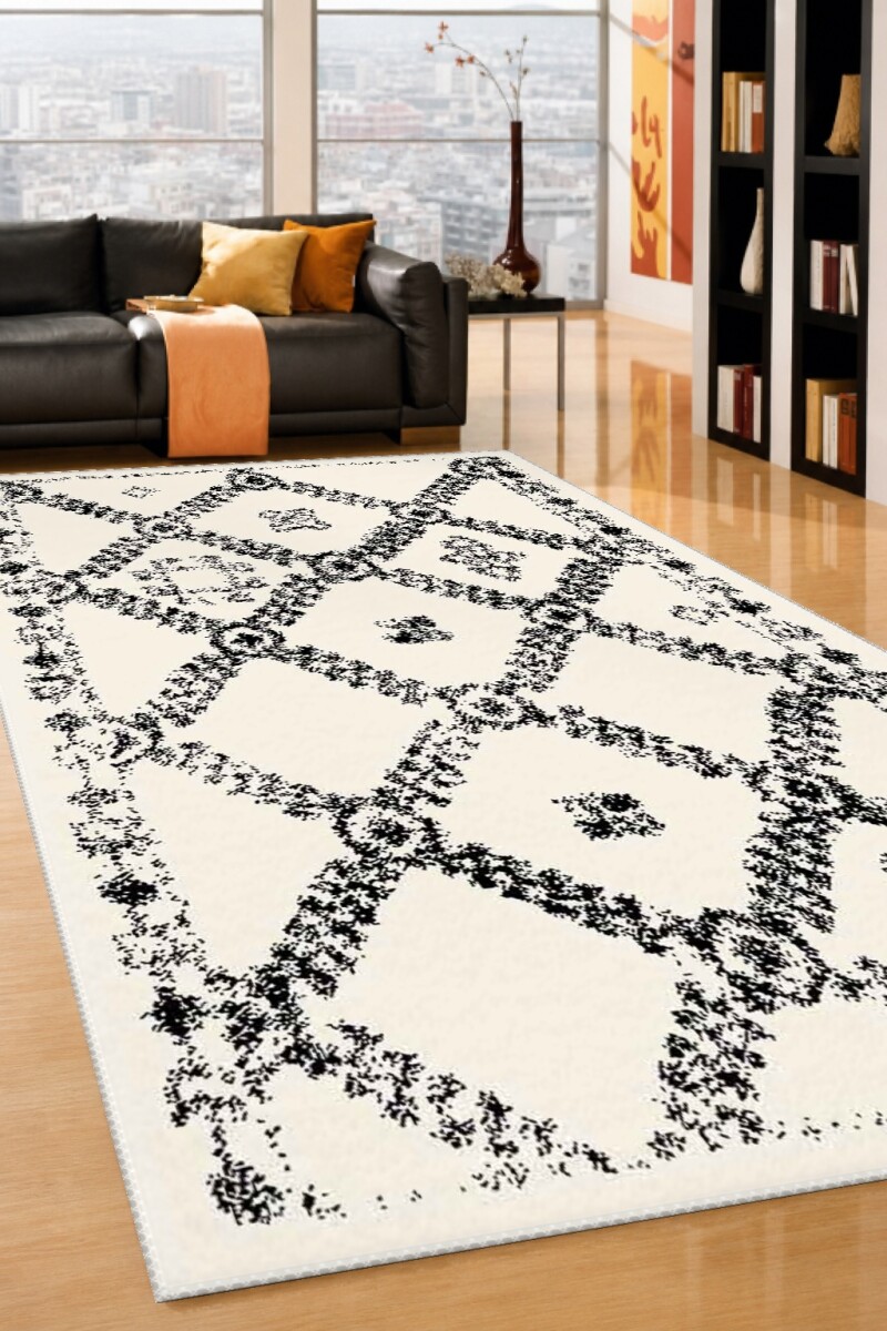 Bohem Berber Tribal Elmas Kafes Desenli Dekoratif Salon Halısı — Krem Siyah