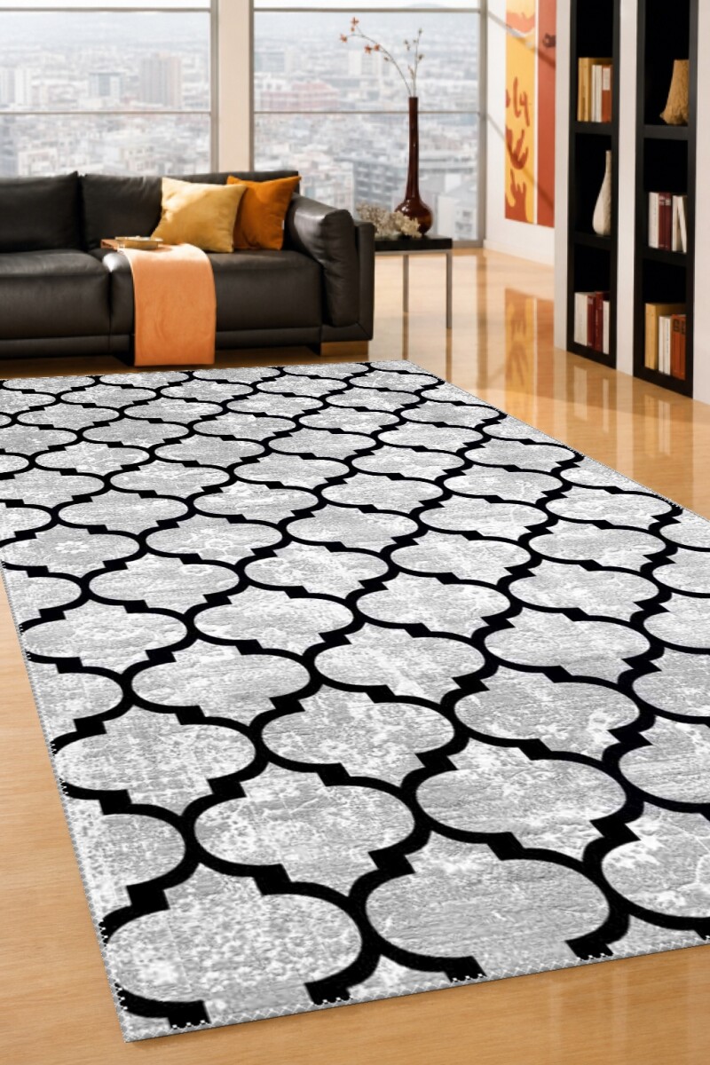 Eskitme Fas Kafes Trellis Tam Yüzey Desenli Salon Halısı — Siyah Gümüş Gri
