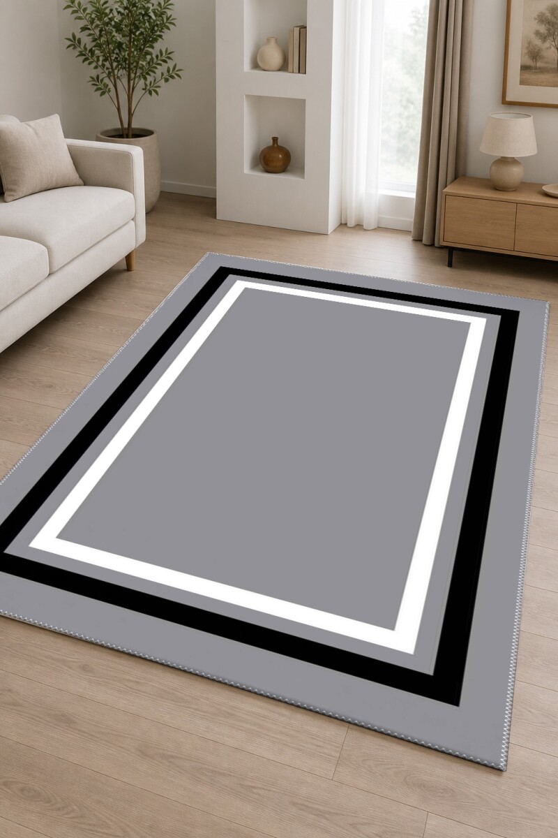 Minimalist Gri Siyah Beyaz Üç Renkli Çerçeve Bordürlü Salon Halısı