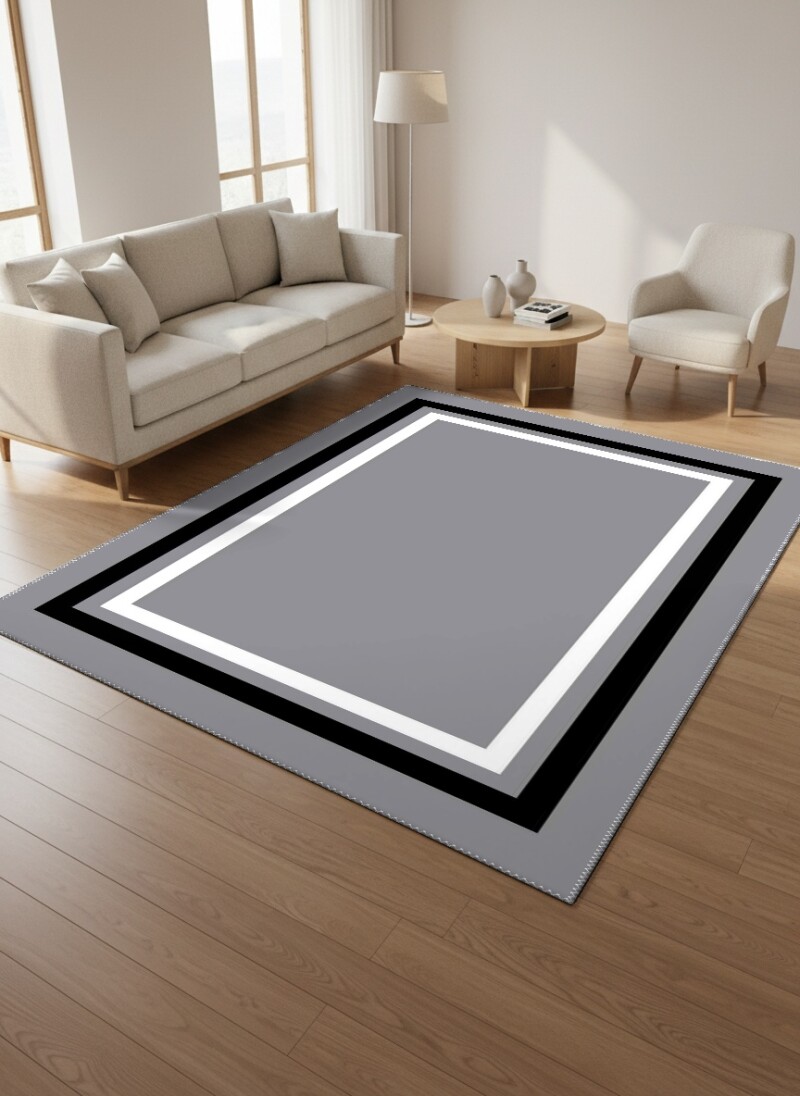 Minimalist Gri Siyah Beyaz Üç Renkli Çerçeve Bordürlü Salon Halısı