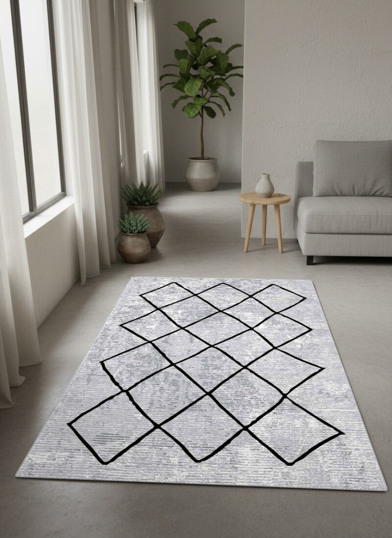 Minimalist Berber Büyük Elmas Kafes Desenli Eskitme Salon Halısı — Gri Siyah