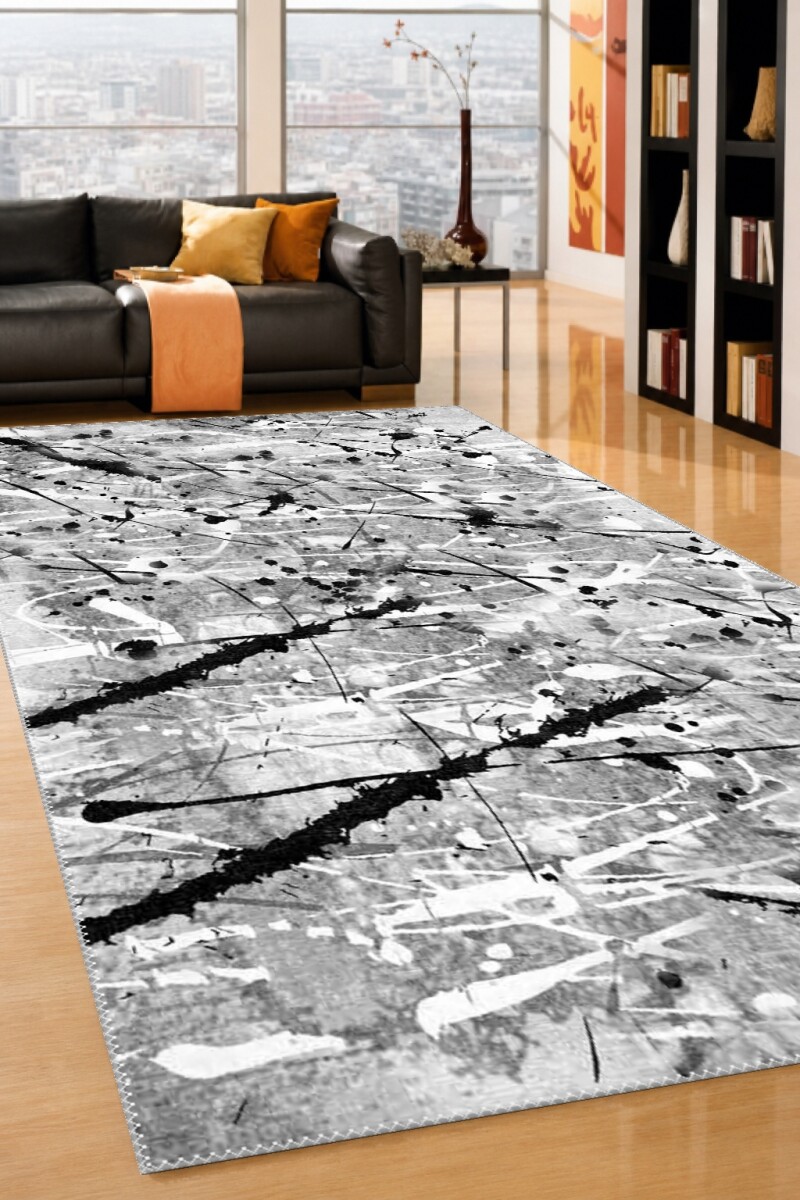 Soyut Ekspresyonist Drip Paint Mürekkep Sıçramalı Salon Halısı — Siyah Beyaz Gri