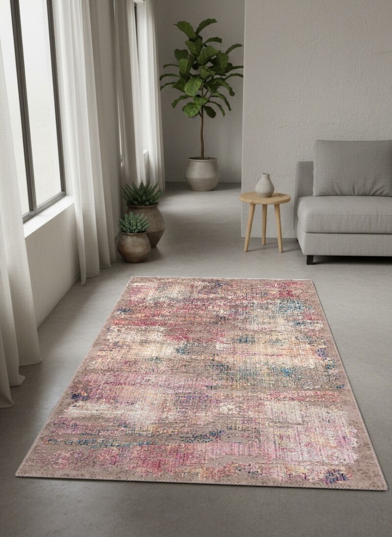 Eskitme Soyut Pastel Çok Renkli Ekspresyonist Salon Halısı — Pembe Mavi Gri