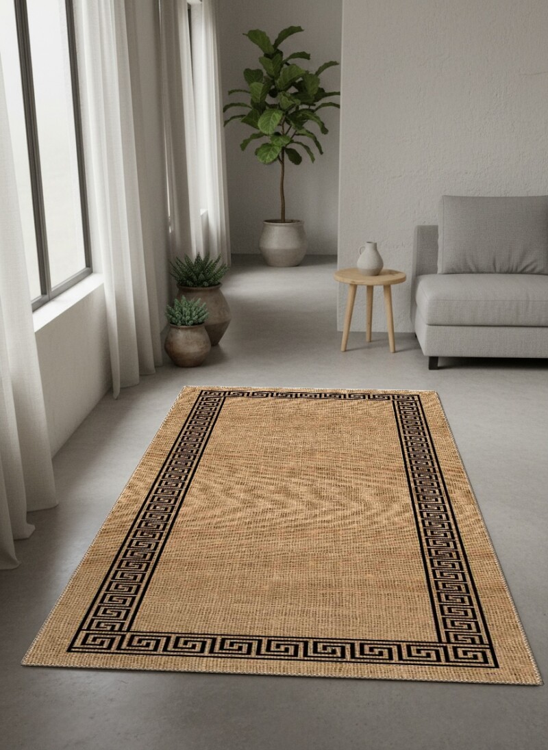 Naturel Jüt Dokulu Yunan Meandros Greek Key Bordürlü Salon Halısı — Bej Siyah
