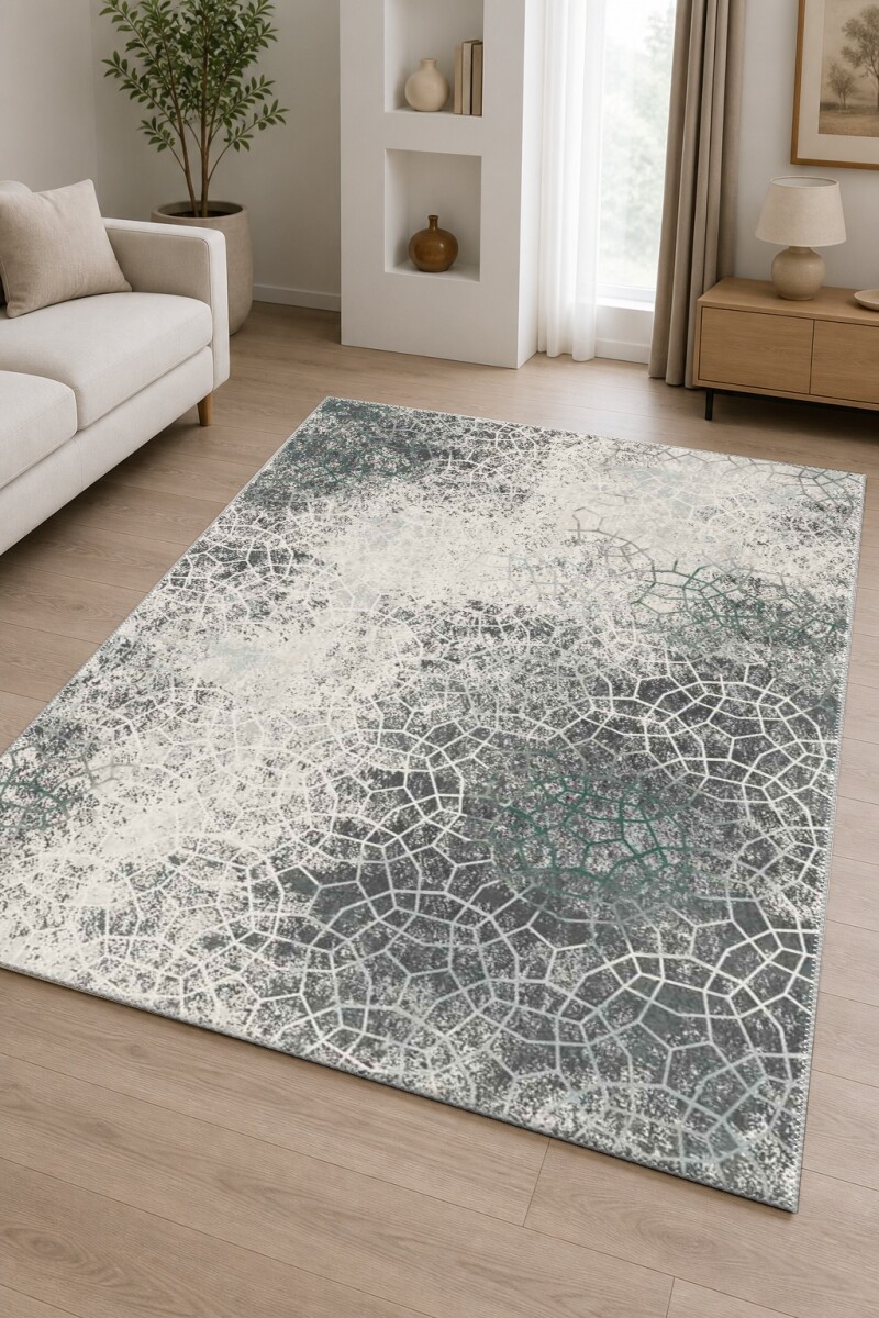 Organik Voronoi Hücre Ağ Desenli Eskitme Salon Halısı — Krem Yeşil Gri