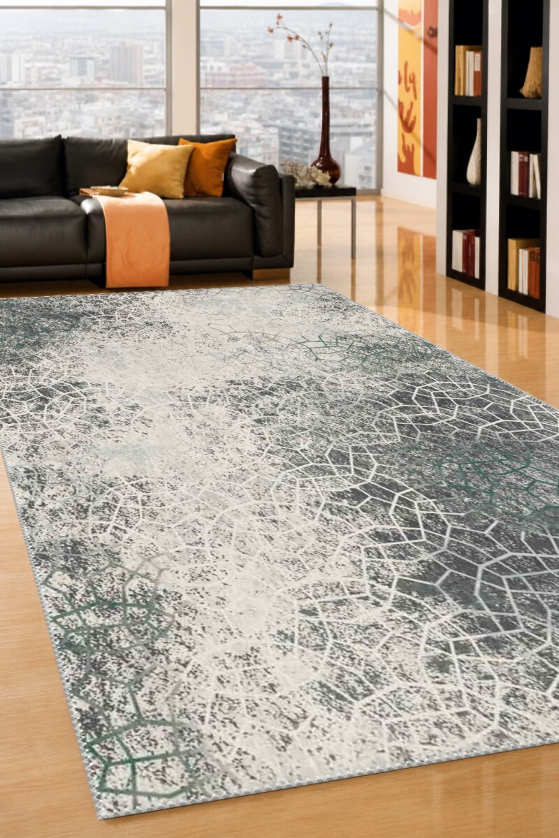 Organik Voronoi Hücre Ağ Desenli Eskitme Salon Halısı — Krem Yeşil Gri