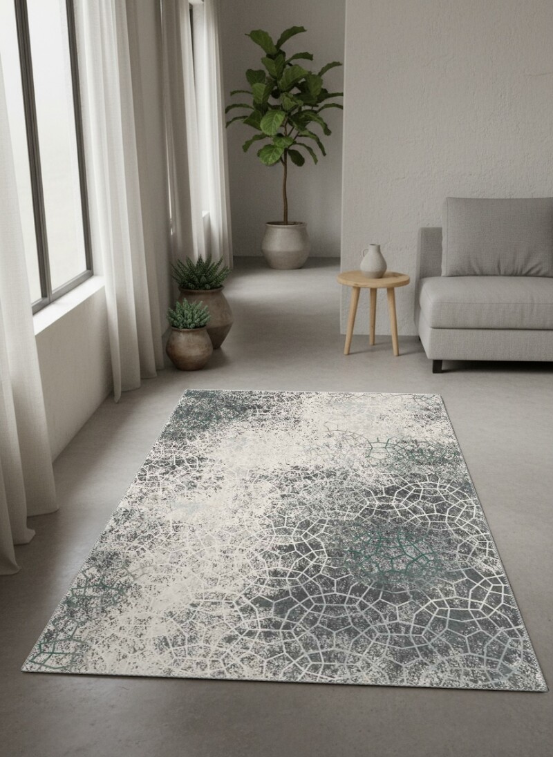Organik Voronoi Hücre Ağ Desenli Eskitme Salon Halısı — Krem Yeşil Gri
