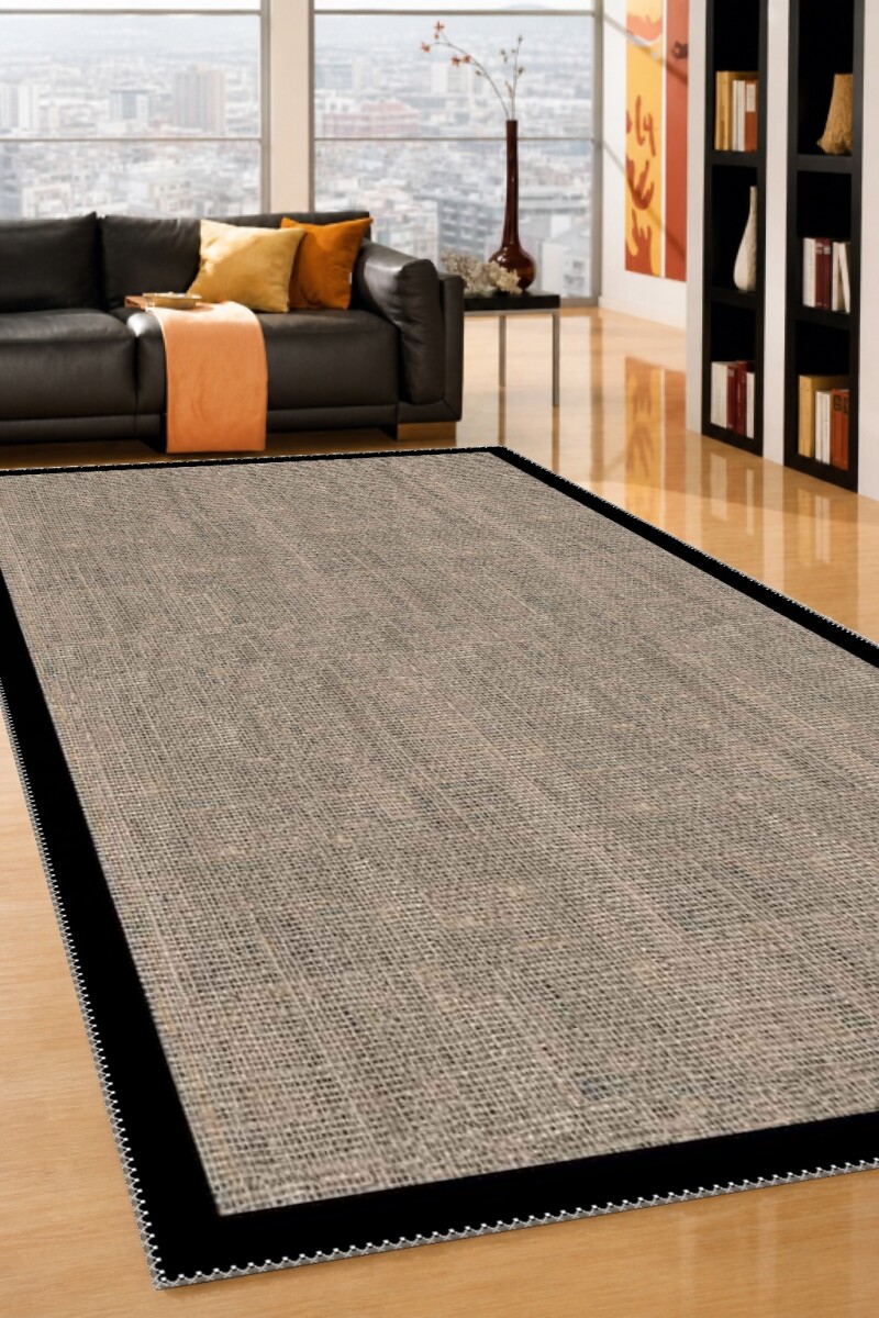 Naturel Tweed Keten Dokulu Siyah İnce Bordürlü Düz Salon Halısı — Bej Gri Siyah