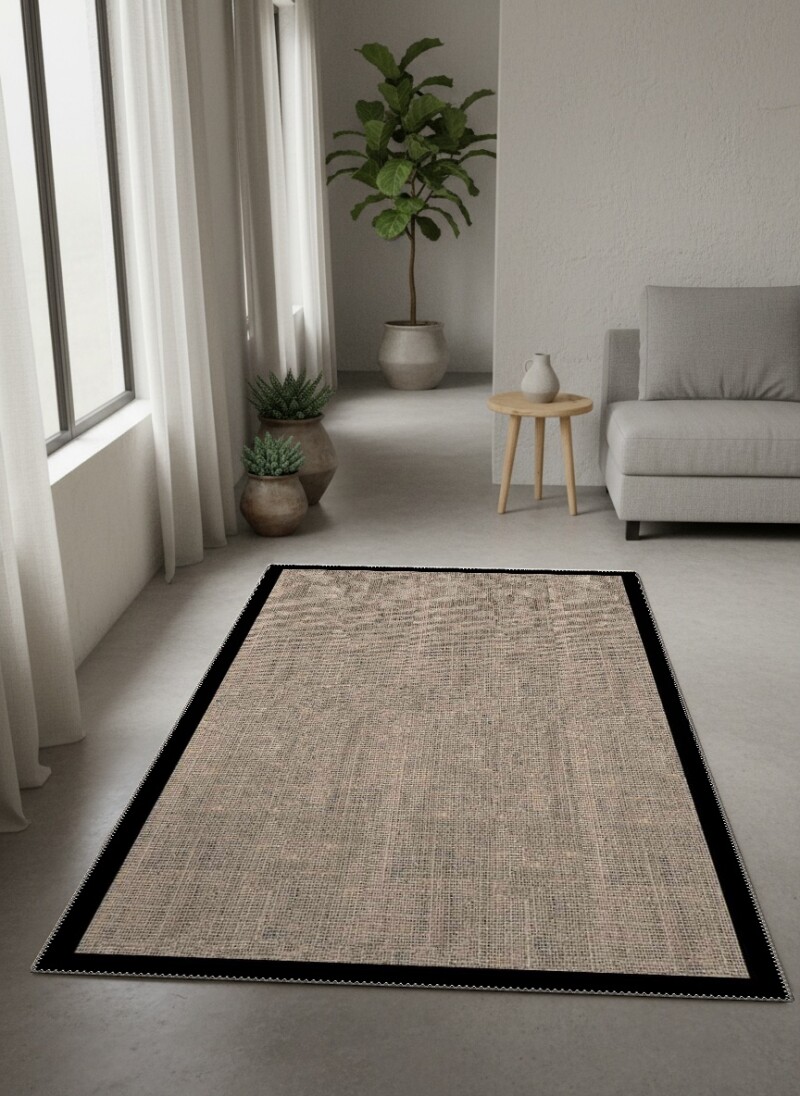 Naturel Tweed Keten Dokulu Siyah İnce Bordürlü Düz Salon Halısı — Bej Gri Siyah