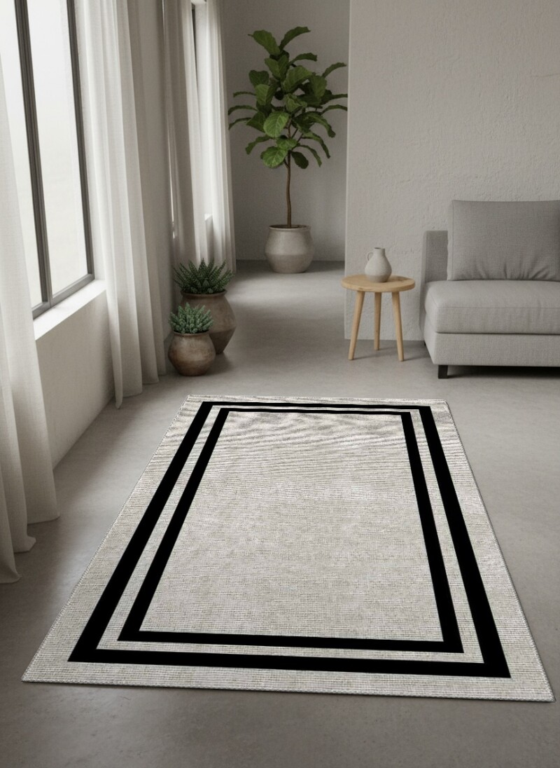 Naturel Keten Linen Dokulu Siyah Kalın Çerçeve Bordürlü Salon Halısı — Bej Gri Siyah
