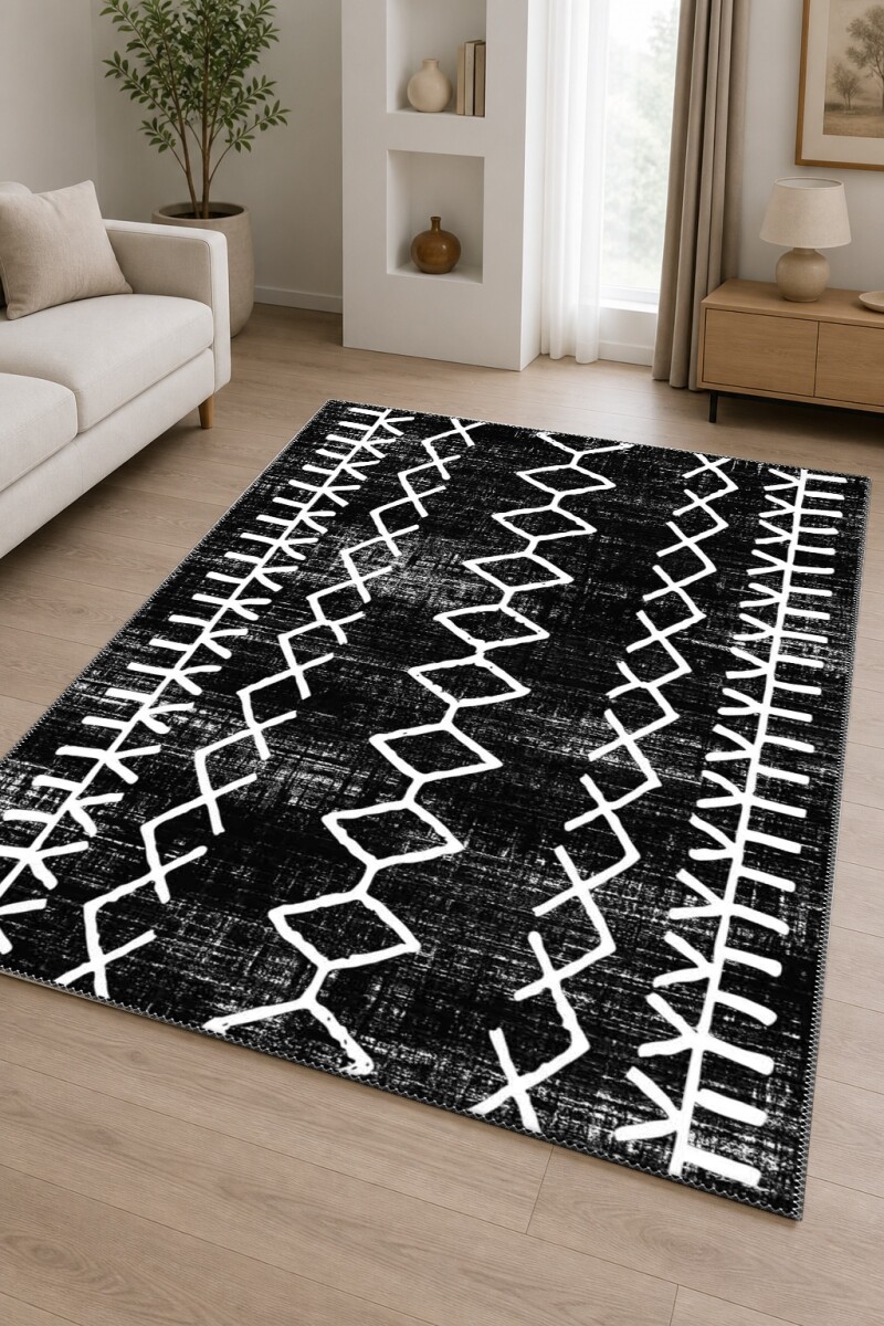 Afrika Mudcloth Siyah Zemin Beyaz Elmas Dikey Şeritli Salon Halısı — Siyah Beyaz