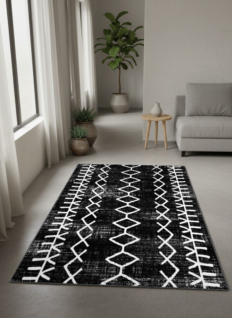 Afrika Mudcloth Siyah Zemin Beyaz Elmas Dikey Şeritli Salon Halısı — Siyah Beyaz