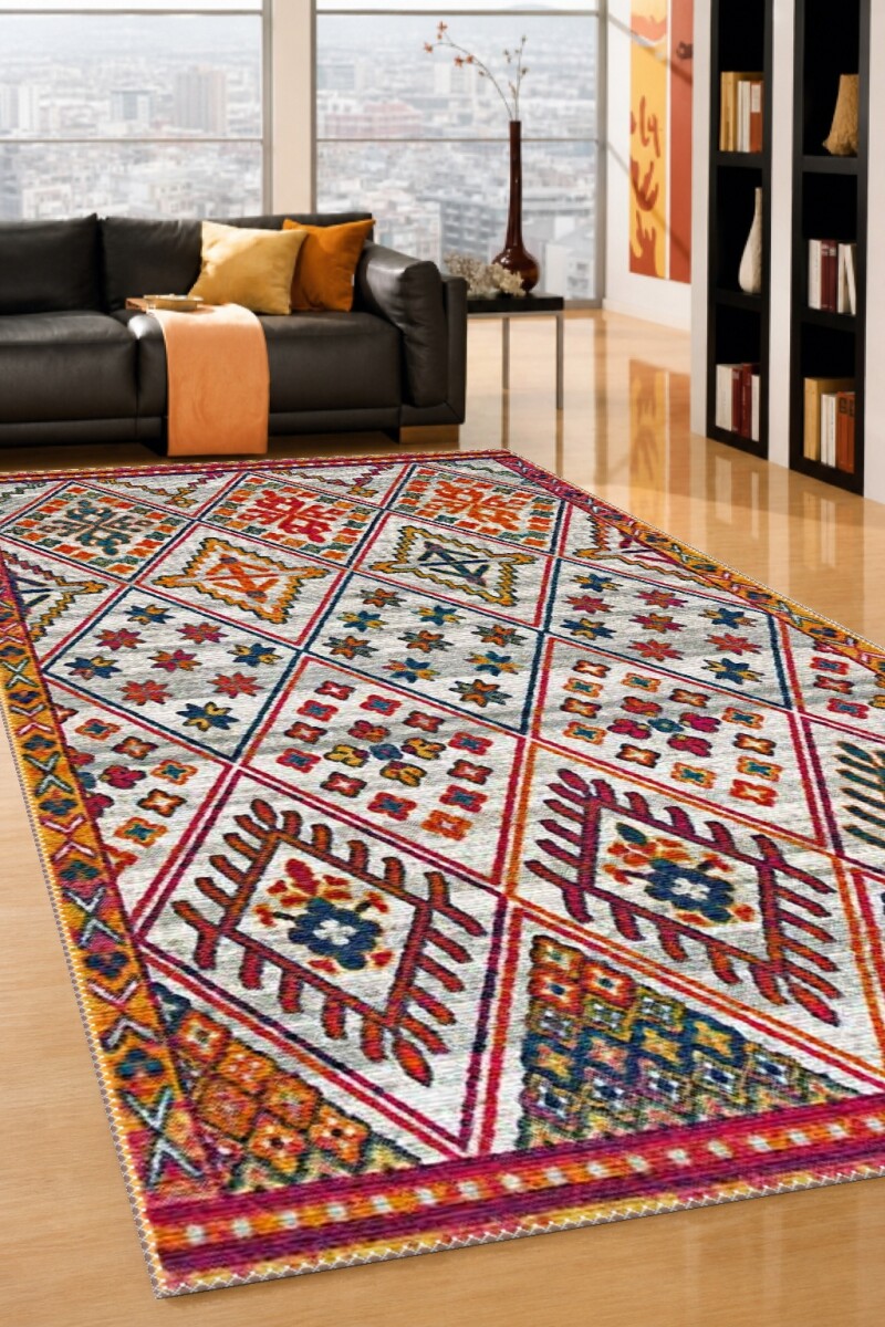 Kuzey Afrika Berber Çok Renkli Çiçekli Elmas Tribal Salon Halısı — Krem Kırmızı
