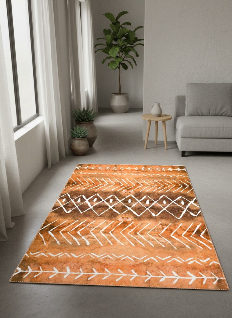 Terracotta Turuncu Mudcloth Şevron Zikzak Elmas Tribal Salon Halısı — Terracotta Beyaz