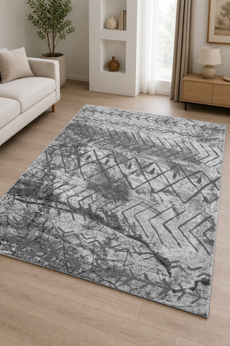 Gri Beton Eskitme Şevron Zikzak Elmas Geometrik Tribal Salon Halısı — Gri Antrasit