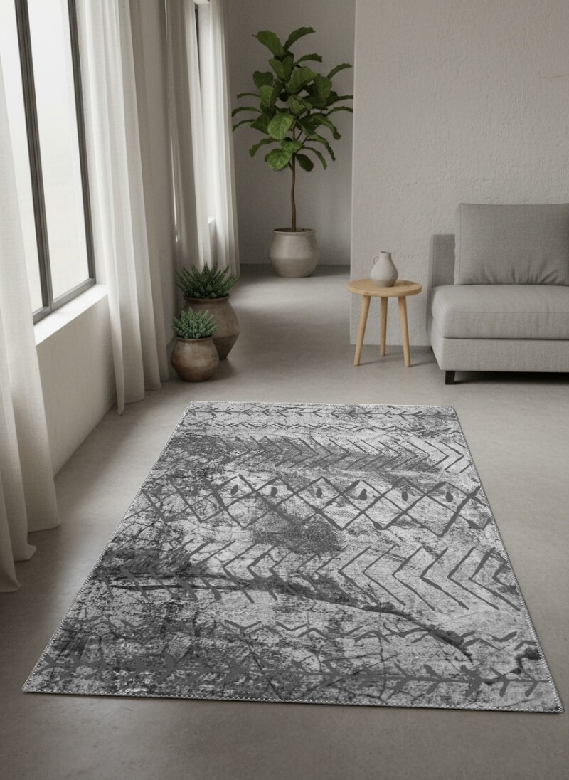 Gri Beton Eskitme Şevron Zikzak Elmas Geometrik Tribal Salon Halısı — Gri Antrasit