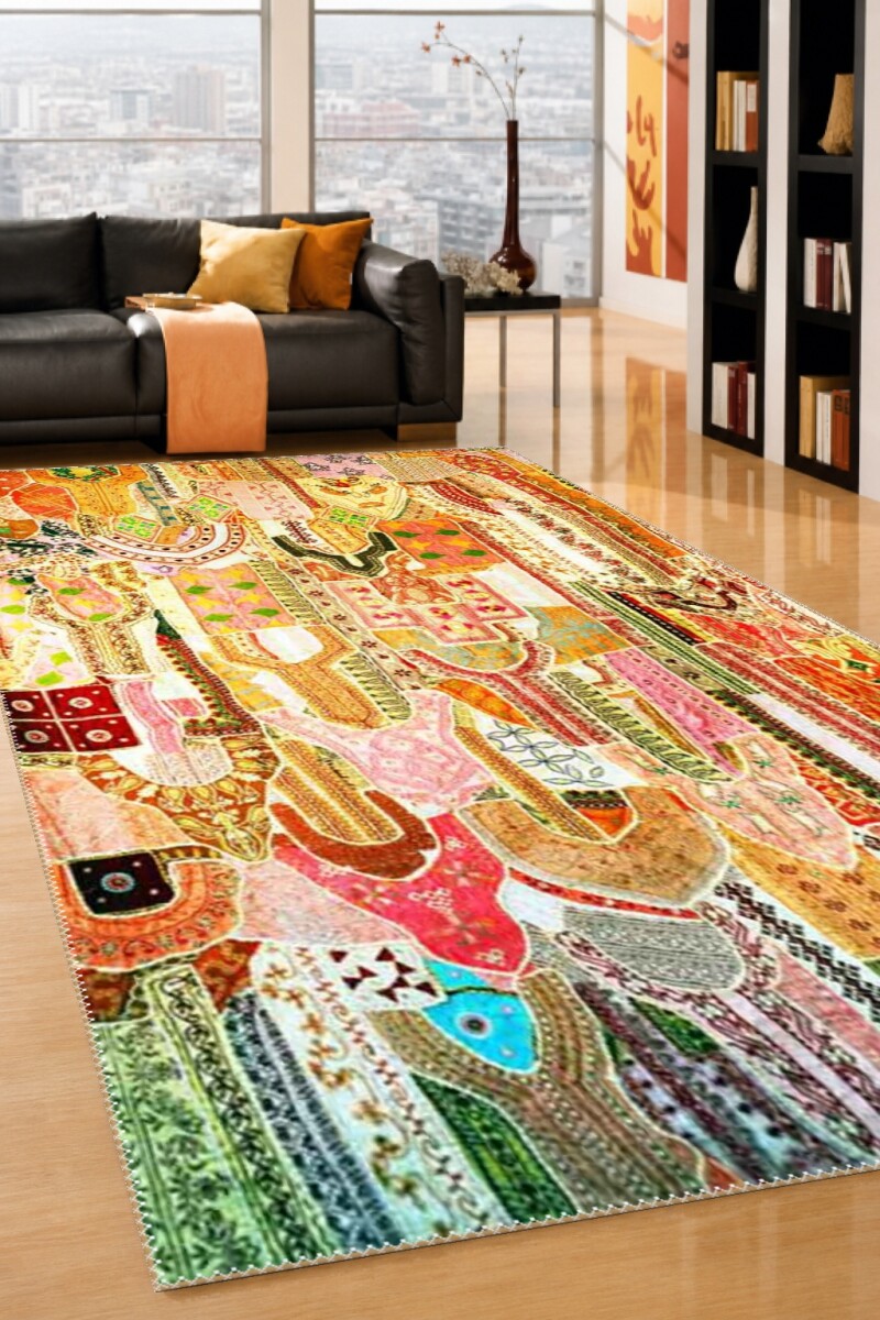 Çok Renkli Hint Rajasthani Nakışlı Bohem Aplike Kolaj Dekoratif Salon Halısı