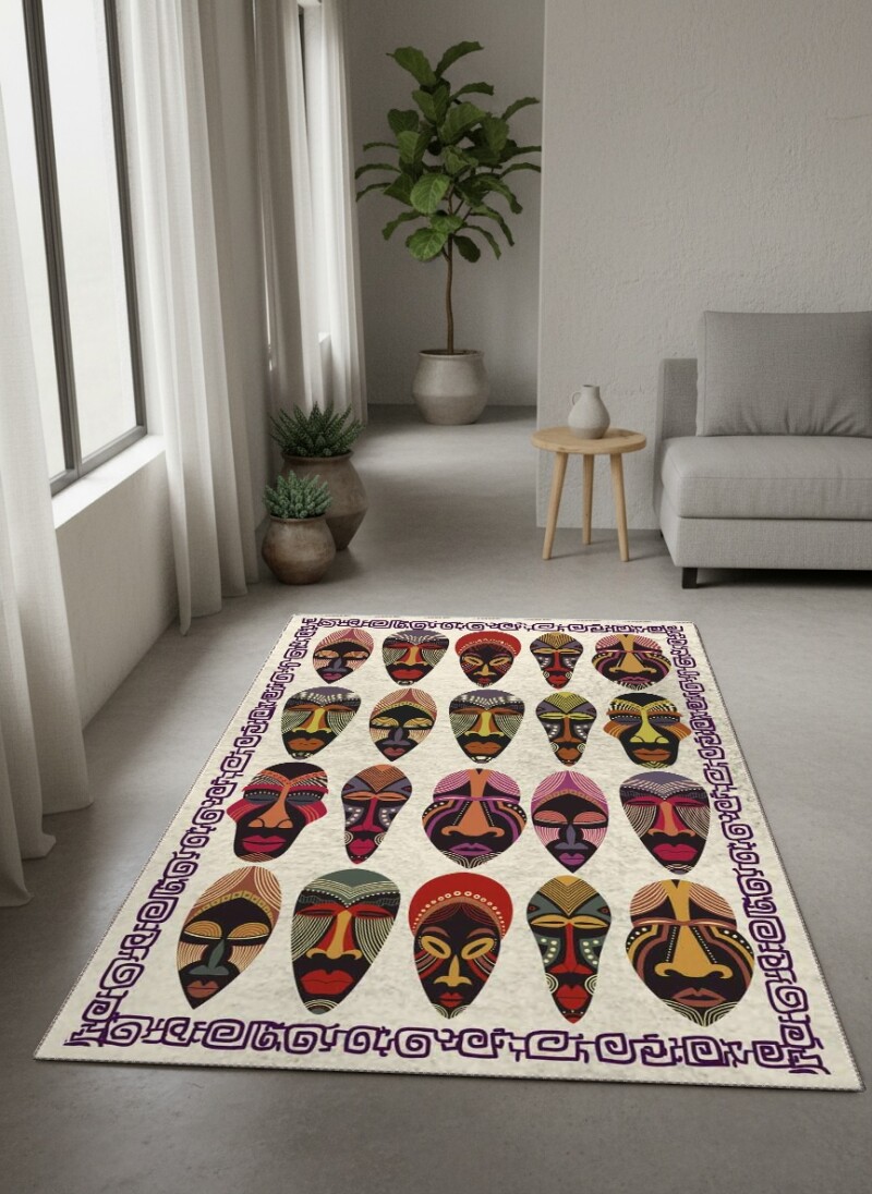 Afrika Tribal Maske Koleksiyonu Çok Renkli Dekoratif Salon Halısı — Bej Zemin