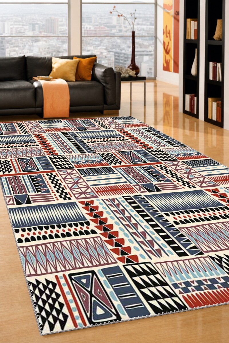 Krem Zemin Lacivert Kırmızı Afrika Tribal Patchwork Geometrik Kutucuklu Halı