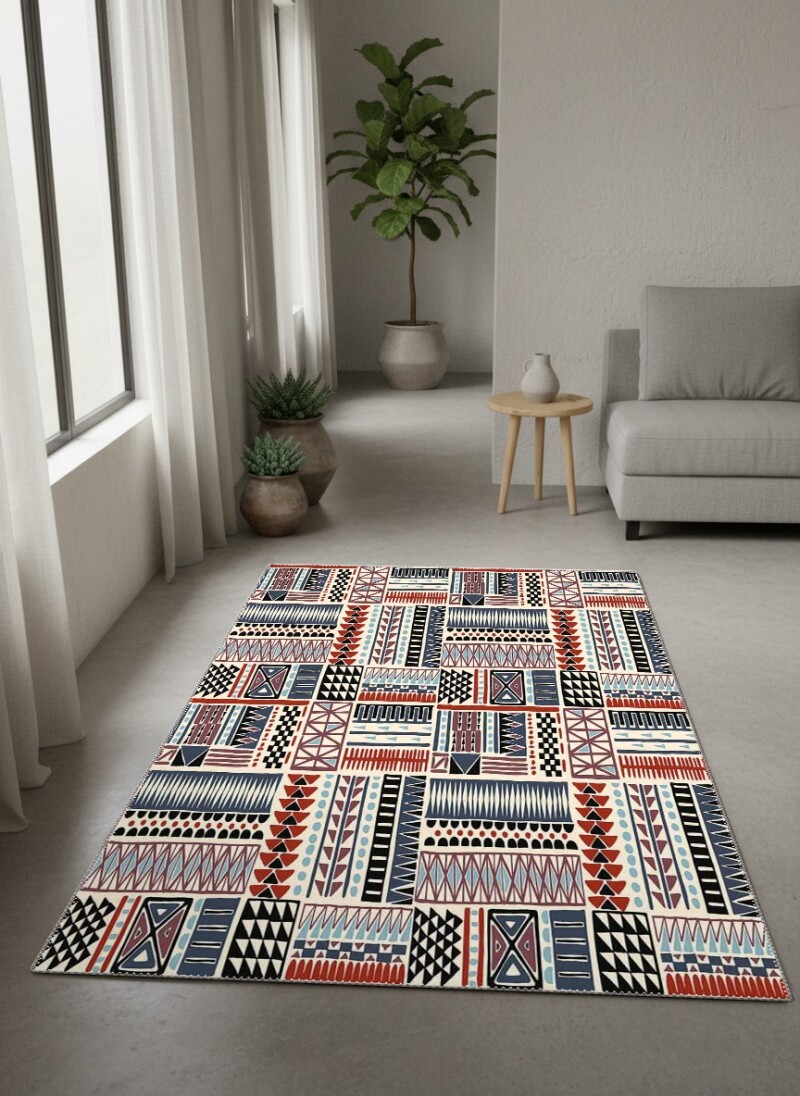 Krem Zemin Lacivert Kırmızı Afrika Tribal Patchwork Geometrik Kutucuklu Halı
