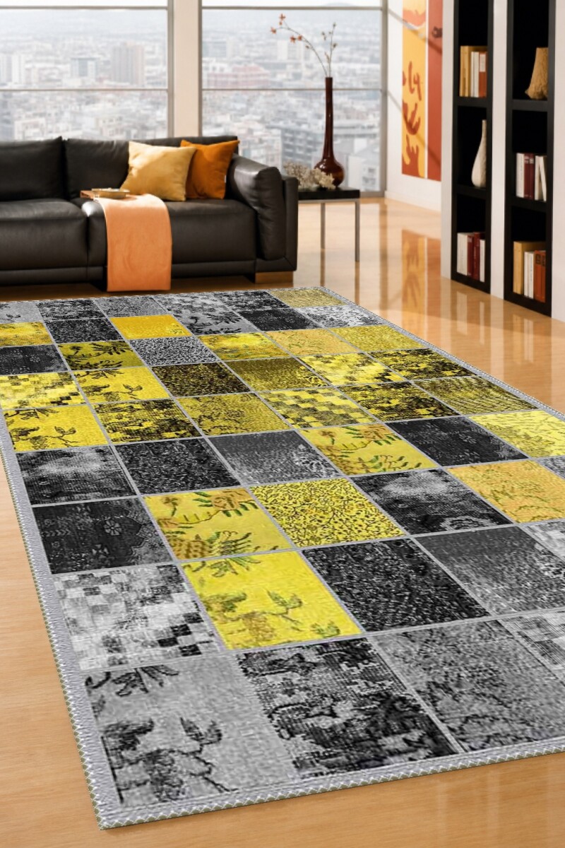 Sarı Altın Gri Antrasit Patchwork Izgara Kolaj Çiçeksel Geometrik Modern Halı