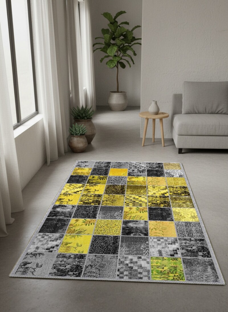 Sarı Altın Gri Antrasit Patchwork Izgara Kolaj Çiçeksel Geometrik Modern Halı