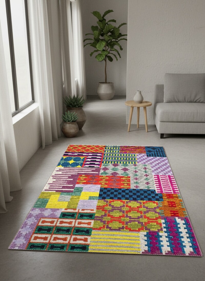 Çok Renkli Afrika Kente Dokuma Patchwork Kolaj Dekoratif Salon Halısı