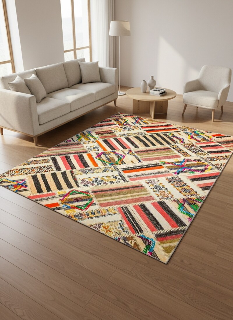 Krem Zemin Diyagonal Kilim Şeritli Elmas Çiçekli Türk Patchwork Salon Halısı