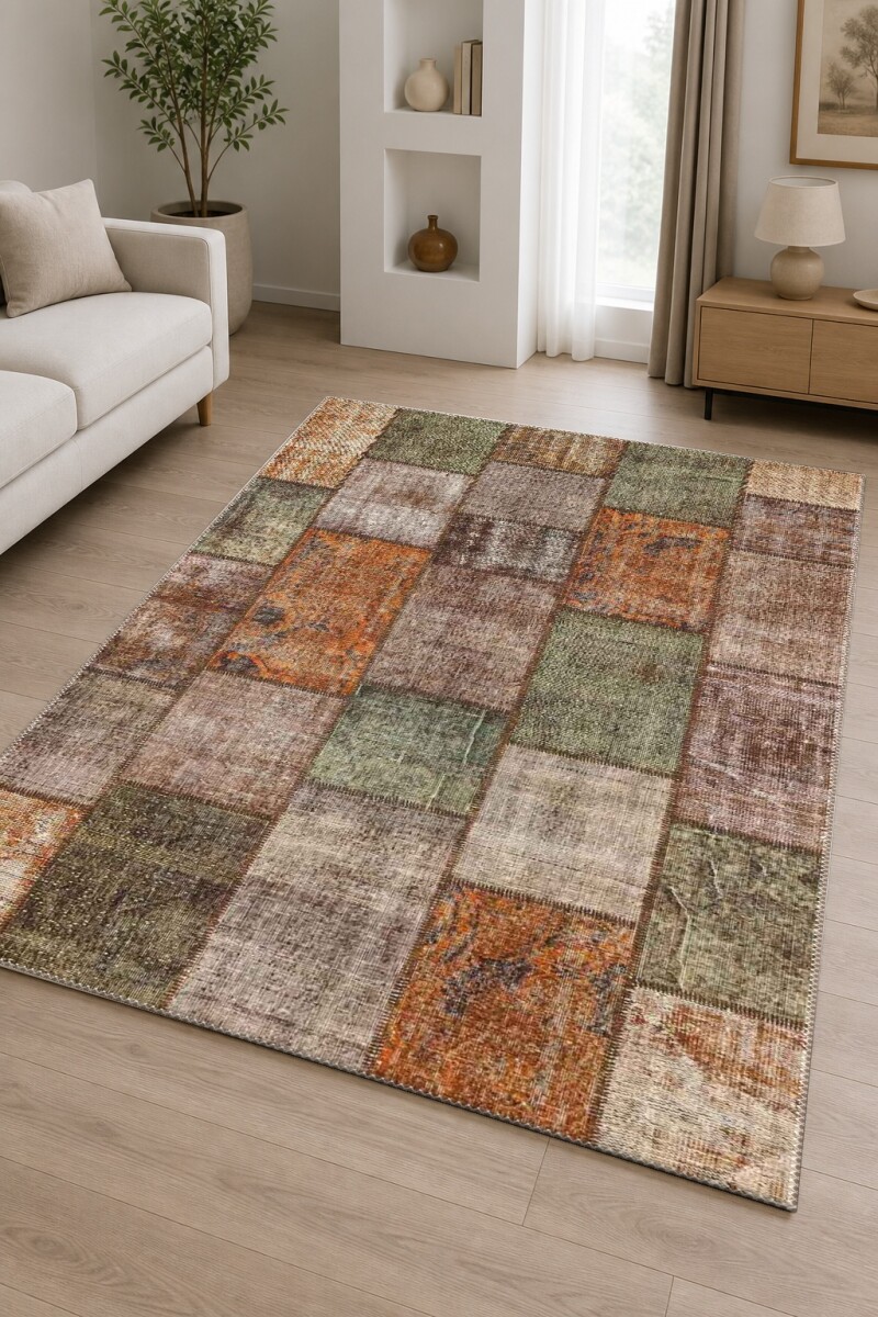 Eskitme Overdye Turuncu Pas Gri Yeşil Haki Dikdörtgen Blok Patchwork Halı