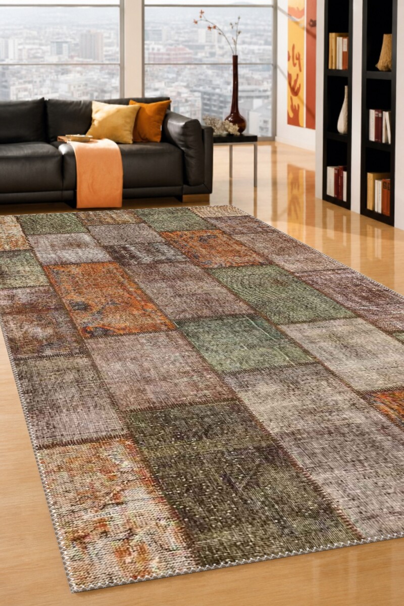 Eskitme Overdye Turuncu Pas Gri Yeşil Haki Dikdörtgen Blok Patchwork Halı