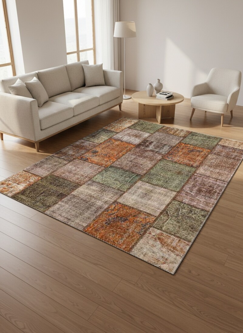 Eskitme Overdye Turuncu Pas Gri Yeşil Haki Dikdörtgen Blok Patchwork Halı