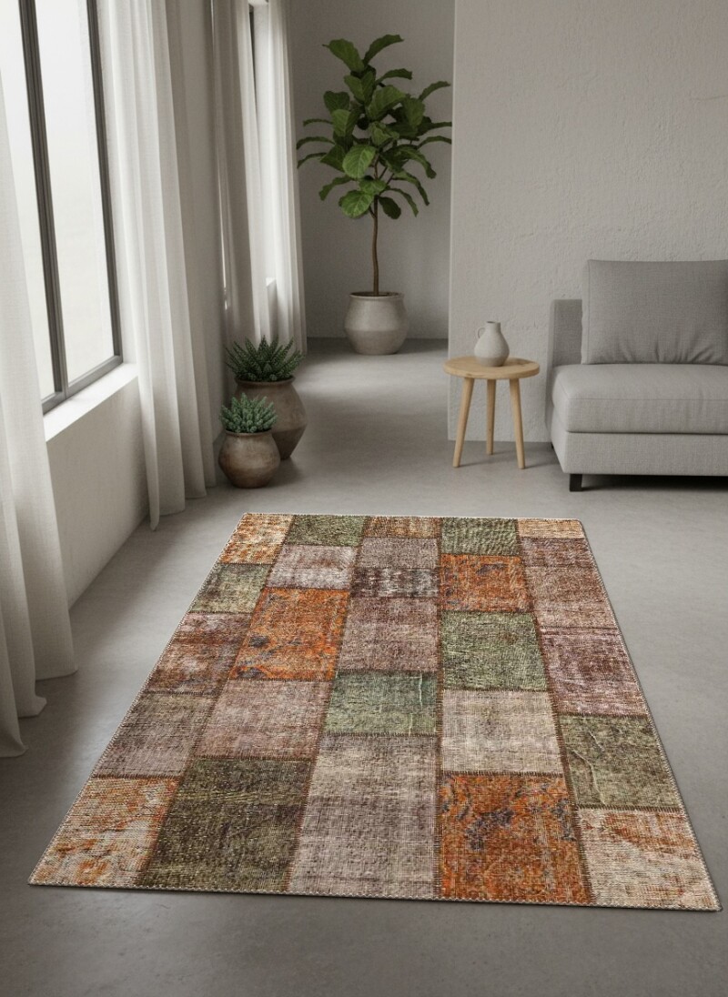 Eskitme Overdye Turuncu Pas Gri Yeşil Haki Dikdörtgen Blok Patchwork Halı
