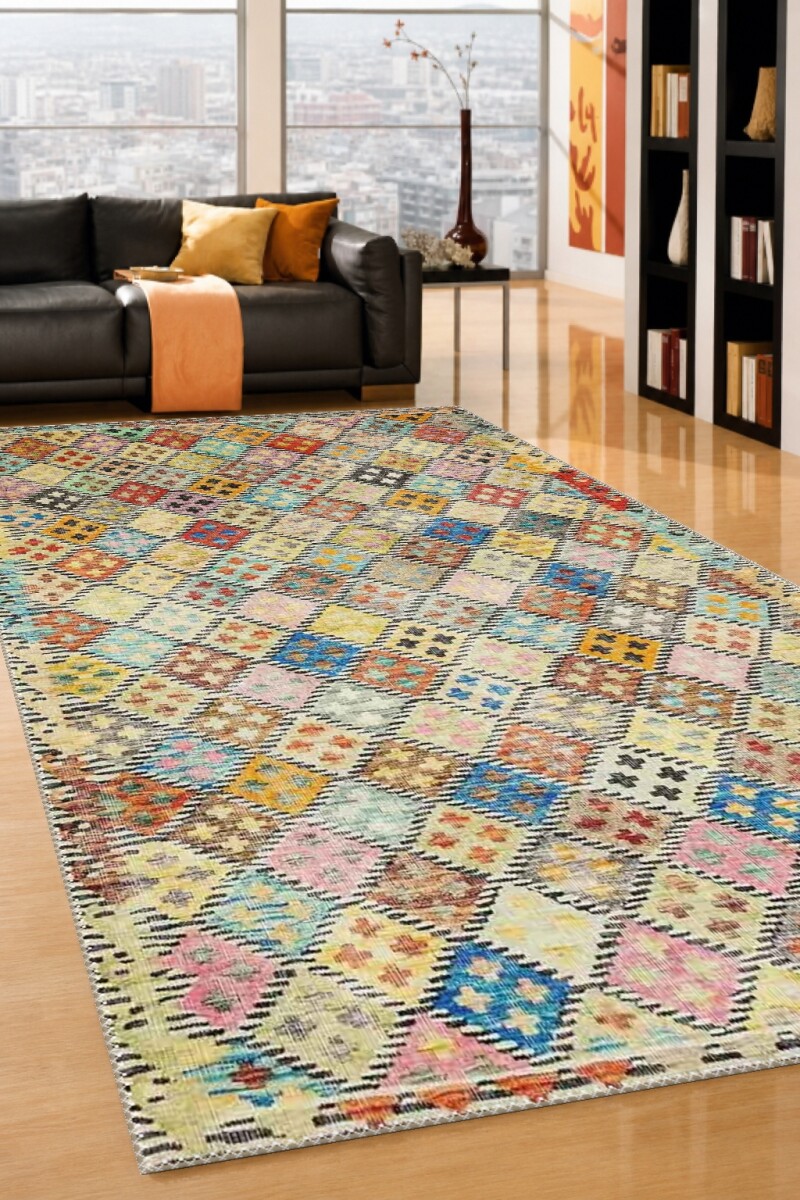 Çok Renkli Vintage Elmas Kafes Bohem Kilim Geometrik Mozaik Salon Halısı