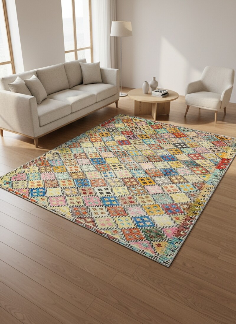 Çok Renkli Vintage Elmas Kafes Bohem Kilim Geometrik Mozaik Salon Halısı