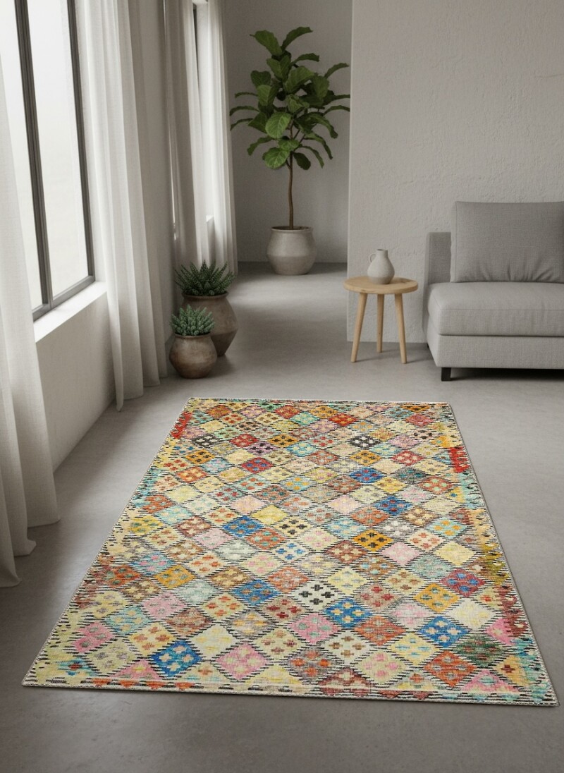 Çok Renkli Vintage Elmas Kafes Bohem Kilim Geometrik Mozaik Salon Halısı