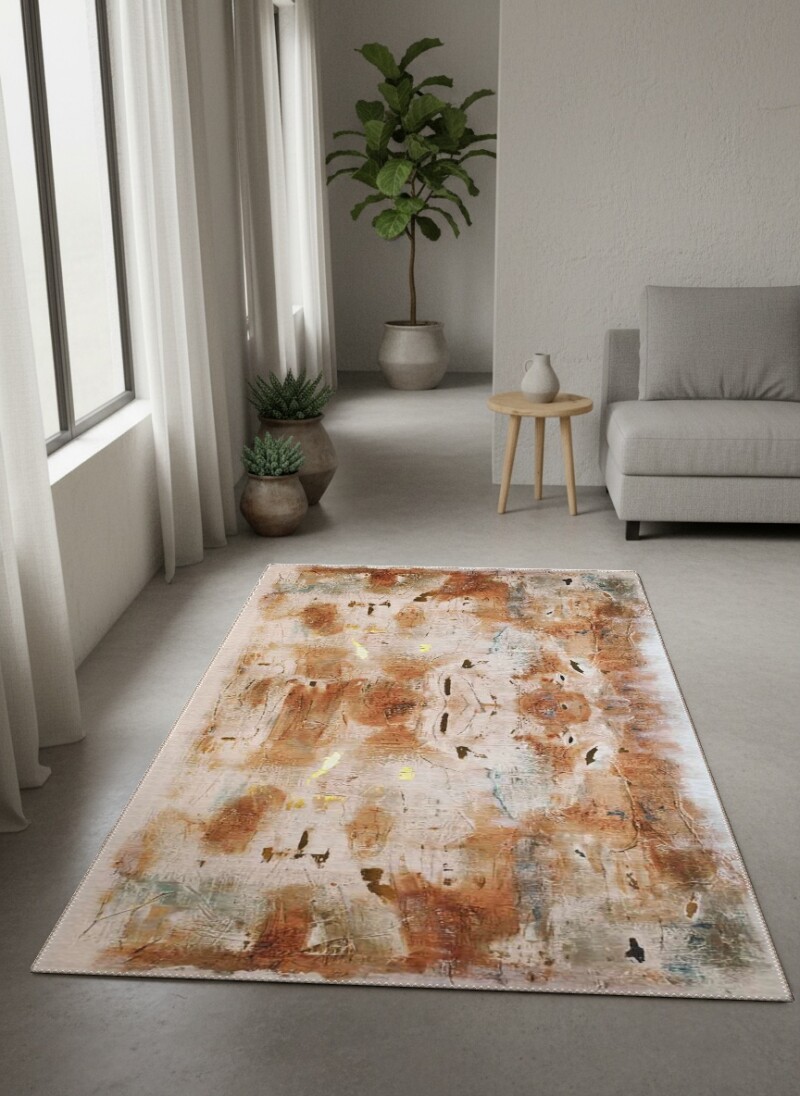 Krem Bej Zemin Terracotta Kahve Soyut Fırça Darbesi Wabi-Sabi Organik Halı
