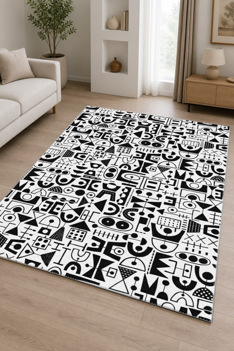 Beyaz Zemin Siyah Tribal Primitive Sembol Figür Yoğun Mid-Century Modern Halı