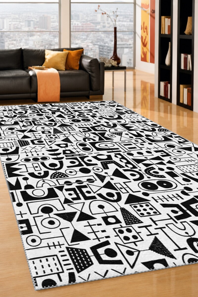 Beyaz Zemin Siyah Tribal Primitive Sembol Figür Yoğun Mid-Century Modern Halı