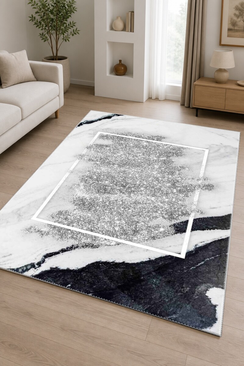 Beyaz Mermer Gümüş Glitter Leke Dikdörtgen Çerçeve Minimalist Lüks Halı