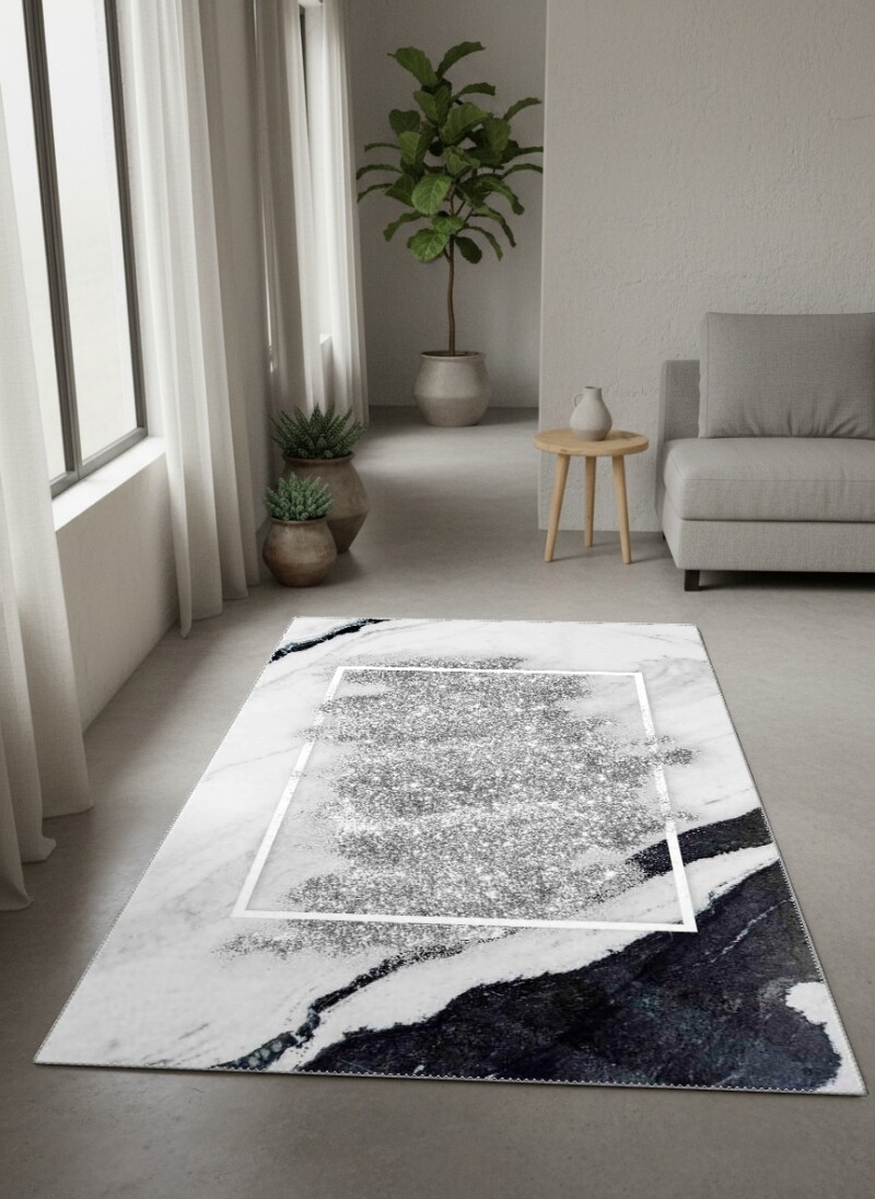 Beyaz Mermer Gümüş Glitter Leke Dikdörtgen Çerçeve Minimalist Lüks Halı