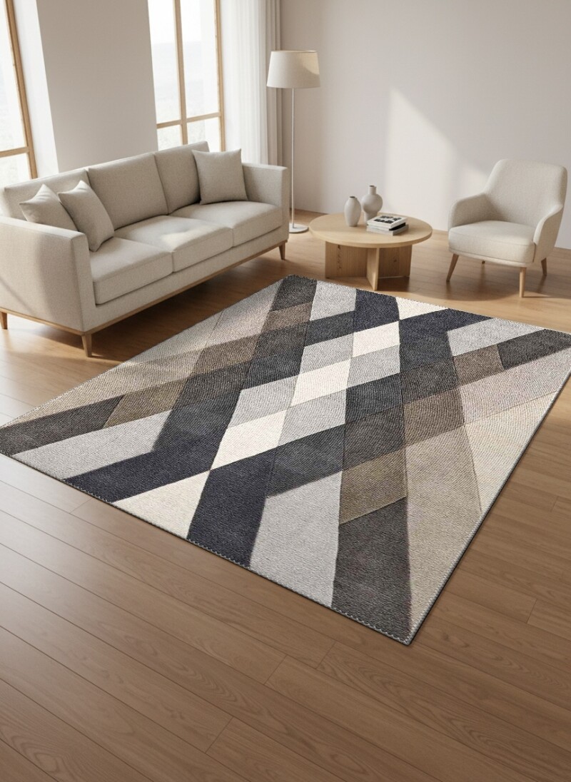 Krem Zemin Diyagonal Gri Taupe Antrasit Geniş Bant X Çapraz Simetrik Geometrik Halı