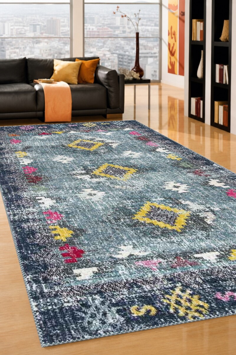 Gece Mavisi Petrol Eskitme Kilim Altın Elmas Fuşya Renkli Tribal Vintage Halı