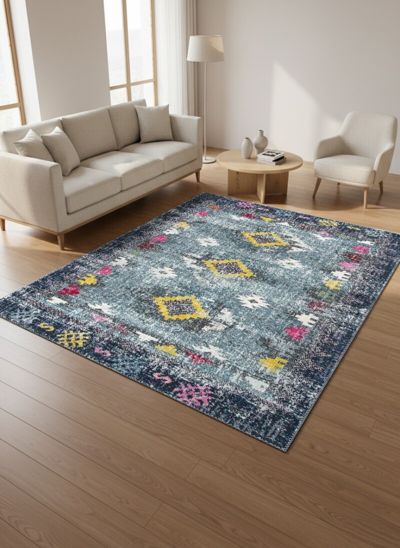 Gece Mavisi Petrol Eskitme Kilim Altın Elmas Fuşya Renkli Tribal Vintage Halı