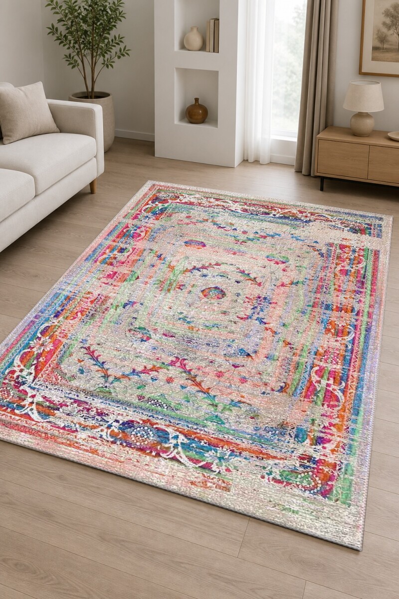 Çok Renkli Eskitme Osmanlı Saray Arabesk Çiçeksel Madalyon Klasik Vintage Halı
