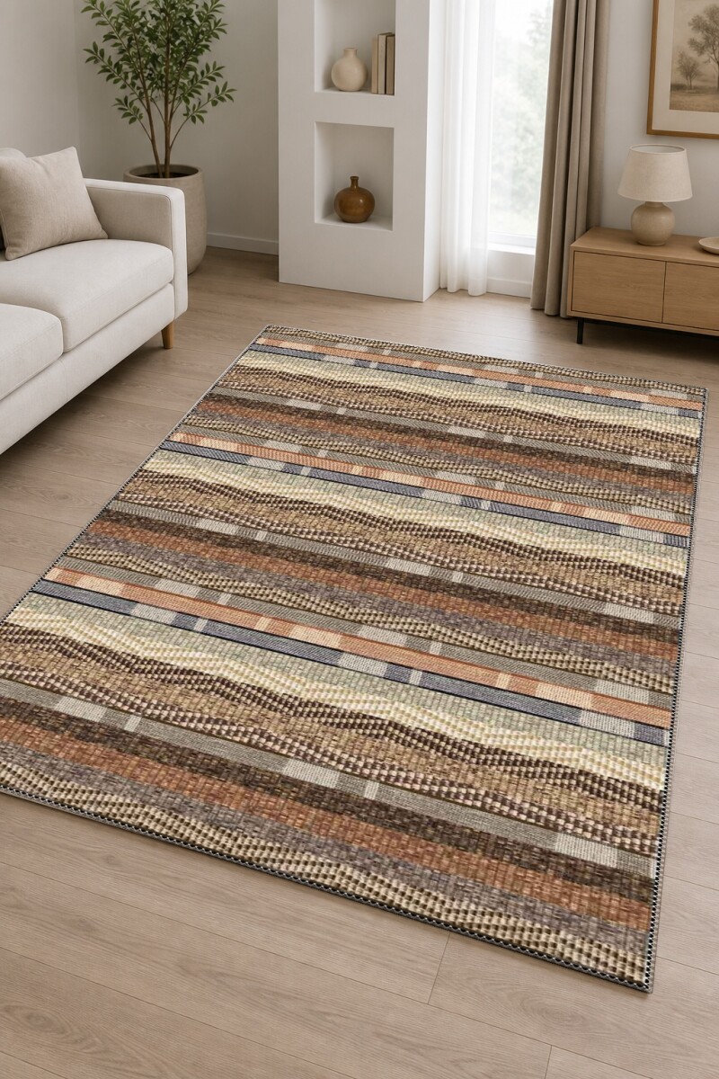 Toprak Tonu Doğal Dokuma Chevron Zikzak Yatay Şerit Kahve Bej Gri Kilim Halı