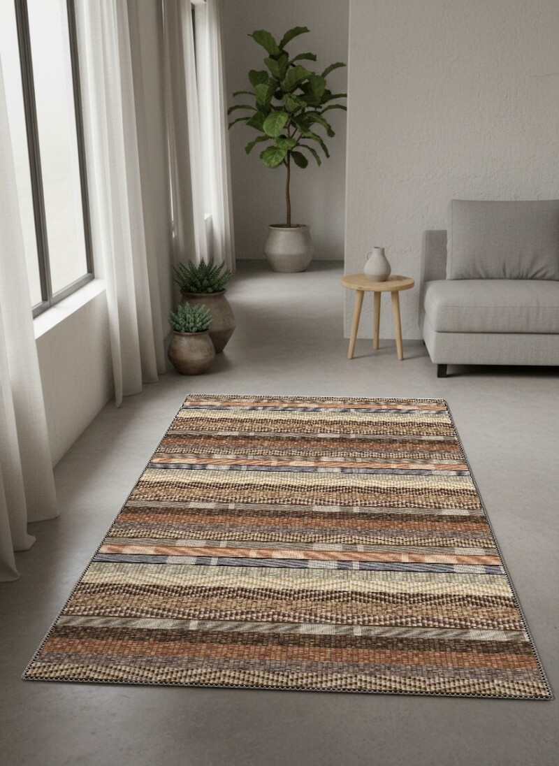Toprak Tonu Doğal Dokuma Chevron Zikzak Yatay Şerit Kahve Bej Gri Kilim Halı